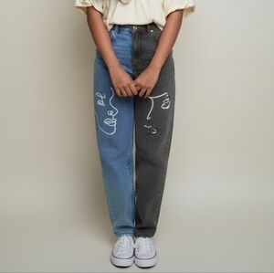 11-12Y Unique Two-Tone Denim Jeans with Face Prints